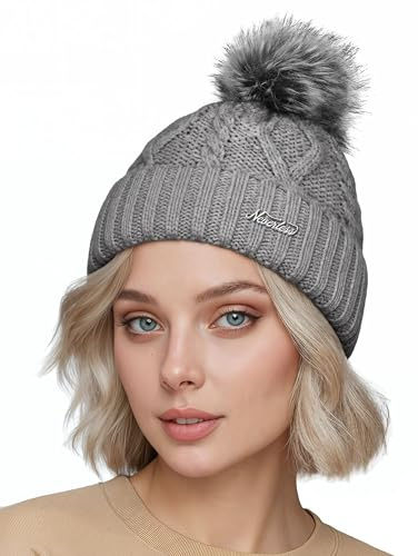 Neverless® Damen Bommelmütze mit Fleecefutter Pudelmütze Strickbeanie Strickmütze Wintermütze