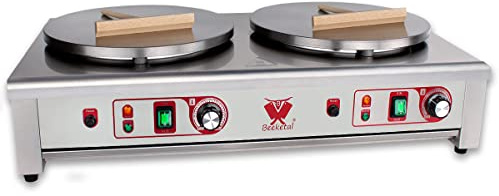 Beeketal 'BC40-2' Gastro Doppel Crepes Maker mit 2x Ø 400 mm Gusseisen Crepesplatten, 50-300 °C einstellbar, Platten separat regelbar, Profi Crepiere im Edelstahl Gehäuse mit extra Schublade