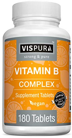 VISPURA Vitamin B-Complex, 180 Vegan Tablets, All B Vitamins Including B12, B1, B2, B3, B5, B6, B7, B9, Folic Acid, for Stress, Energy and Healthy Immune System*, Natural Supplement Without Additives