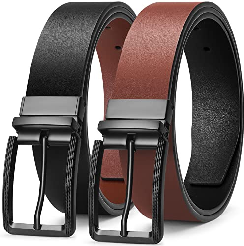 BESTKEE Cinturón para hombre, 35 mm, cinturones reversibles de cuero para hombre, pantalones de vestir casuales de golf, camisa y jeans, un reverso para 2 lados, Negro Y Marrón, Length 51(for Waist
