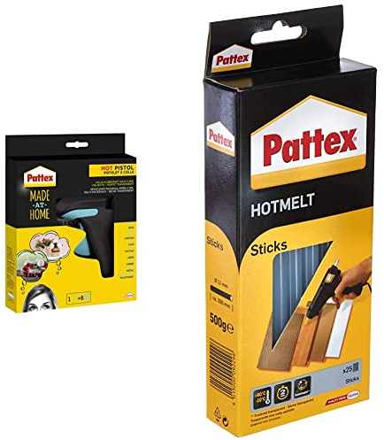 Pattex Made at Home Heißklebepistole, Set aus 1x Klebepistole und 6x Heißklebesticks mit 11mm Durchmesser & Hotmelt Sticks,Klebesticks für die Heißklebepistole mit extrem hoher Transparenz,1x25 Sticks