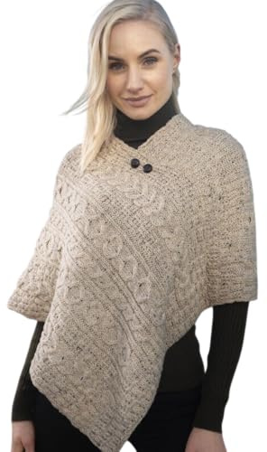 Poncho in lana irlandese per mantello da donna Aran Cable Knit Made in Irlanda Taglia unica, ecrù, taglia unica