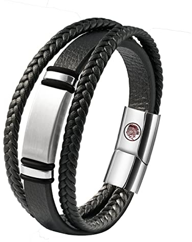 Casisto.J Lederarmband Herren Armband Herren Männer Leder Edelstahl Gravur Schwarz Geflochten mit Magnet Verschluss