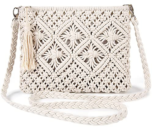 Jeesblsy Sac à bandoulière tissé pour femme, sac de plage d'été avec pompon, petit sac à main en crochet en coton pour vacances, fête, rendez-vous galant, beige