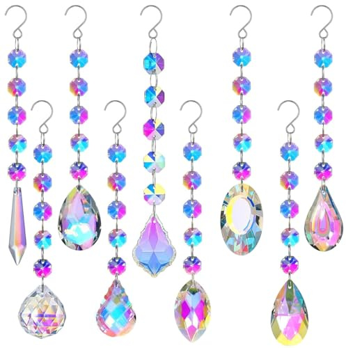 FAURAPMNG Lot de 9 attrape-soleils cristaux colorés, prismes à suspendre, boule arc-en-ciel, pendentifs maison, bureau, fête mariage, jardin, arbre Noël