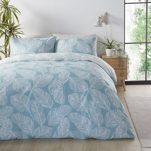 Fusion - Duck Egg Blue Leaf Duvet Cover - Single Bedding Size (135 x 200cm) - Reversible Design (Duck Egg & White Colours) - Duck Egg Leaf Duvet Cover - Leaves Print Bedding - Matteo Collection