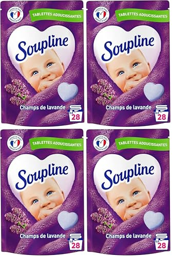 SOUPLINE - Tablettes Adoucissantes Cœurs Champs de Lavande - 88% d'Ingrédients d'Origine Naturelle - Testées Dermatologiquement - 28 Tablettes : 28 Lavages (Lot de 4)