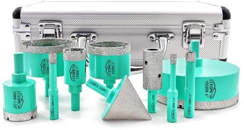 LEKOMESH Tile Hole Saw Kit - (6/8/10/25/35/50/65/100mm+20mm Finger Bit+50mm Chamfer Bit) Diamond Core Drill Bits for Porcelain Ceramic Marble Brick Concrete,Triangle Shank