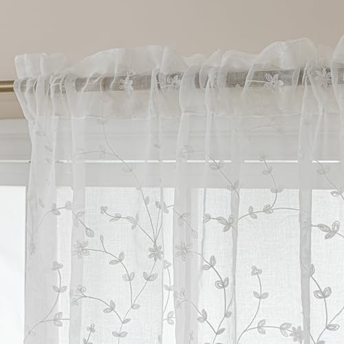 MvchennL White Floral Sheer Curtains, Elegant Leaf Embroidered Light Filtering Semi Sheer, 84 Inch Length 2 Panels Set Rod Pocket Patterned Window Drapes for Living Room/Bedroom