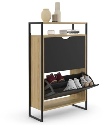 IDMarket Boston - Mueble para zapatos (12 pares, 2 puertas, con estante superior, diseño industrial