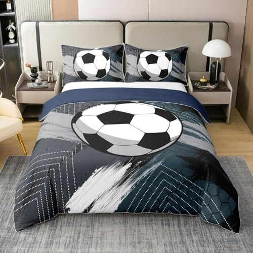 Loussiesd Fußball 100% Baumwolle Bettwäsche Set 135x200cm Jungen Fussball Bettbezug Teens 3D Effekt Betten Rugby Sport Bettwäsche-Set