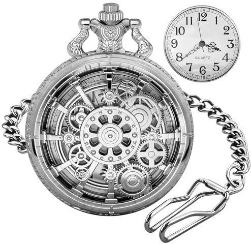Tiong Silver Hollowed-Out Multi-Gear Men's Casual Quartz Pocket Watch with White Arabic Numeral Dial