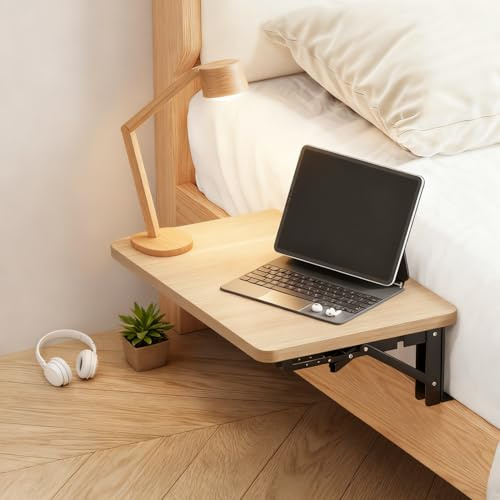 Folding Bedside Shelf, Space Saving Bedside Storage Tray for College Dorm, Small Drop-Leaf Bed Side Table Tray Organizer, Heavy-Duty Nightstand Tray for Platform & Bunk Bed (Oak)