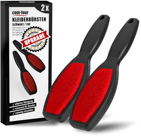 com-four® 2X Cepillo para Ropa (Versión 2026), Modelo de Doble Cara para Textiles y Muebles, Elimina Pelusas, pelos y Polvo eficazmente (2 Piezas - Negro/Rojo)