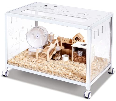 BREUAILY Hamsterbur, råtta, litet djur, 360° genomskinlig, med dubbeldörr och hjul, marsvin, gnagare, möss, dvärghamster, syrisk hamster, råttor (vit)