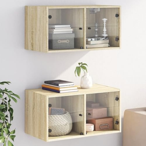 Zeehear 2X Wandschränke mit Glastüren, Sonoma-Eiche, 68,5x37x35 cm, Holzwerkstoff, Hängeschrank für Wohnzimmer, Esszimmer, Küche, Büro, vielseitiger Stauraum