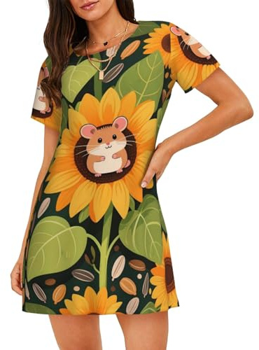 Zelinge hamster söta solrosor gröna nattklänningar för kvinnor lös nattskjorta kortärmad sovtröja t-shirt nattkläder medium