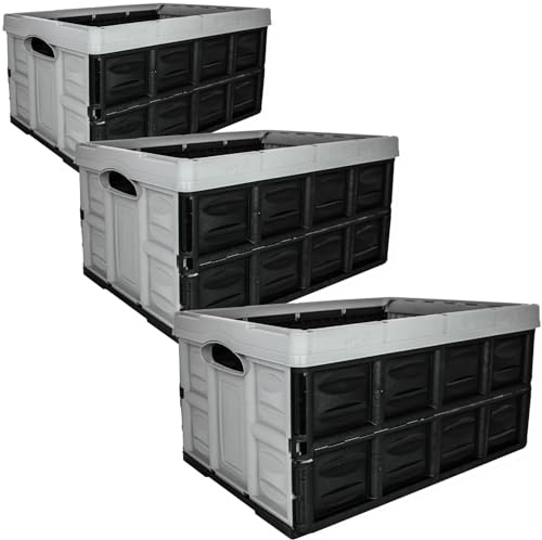 2friends Profi Klappbox 45l - stabile Aufbewahrungsbox klappbar, Faltkiste stapelbar, 3 Stück, platzsparend, Grau/Schwarz, mit Tragegriffen, Made in EU