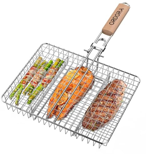 ORDORA Grill Basket, Fish Griling Rack, Rustproof Stainless Steel BBQ Grilling Basket for Meat,Steak etc, Grill Accessories,Grilling Gifts for Men Dad
