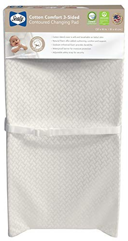 Sealy Baby Cotton Comfort Waterproof 3-Sided Contoured Diaper Changing Pad for Dresser or Table, Durable Easy to Clean Surface, Eco Friendlier Cover & Soy-Enhanced Foam, Made in USA - White, 32x16”