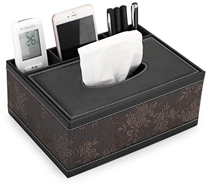 BSTKEY Rechteckige Taschentuchbox aus PU-Leder mit Fernbedienung, Aufbewahrungsbox (schwarze Blume)