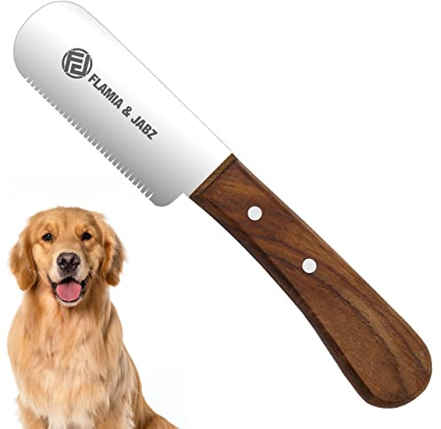 FLAMIA & JABZ Cuchillo profesional para pelar perros, herramienta de corte de pelador, mango de madera Meranti rojo, agarre antideslizante con hoja de acero inoxidable (mediano, diestros)