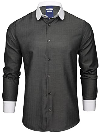 Xact Camisa para hombre, cuello de centavo, cuello y puños de contraste blanco, Espiga Antracita, L