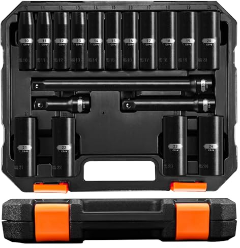 PGROUP Schlagschrauber Nüsse Set 1/2”, Metrisch 10-24mm Mit 3, 5, 10-inch Verlängerungsstange, 18 Stück Sechskantschlüssel Set, Cr-V-Stahl