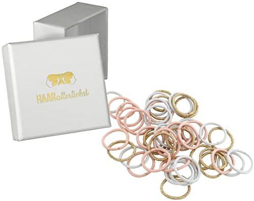 HAARallerliebst Haargummis mini extra klein (45 Stück | rosa, hellblau, gold | 2 cm) inkl. Schachtel zur Aufbewahrung (Schachtelfarbe: weiss)