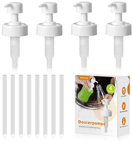 Aieve 4 Stück Dosierpumpe kompatibel mit 375 ml/440ml/500ml SodaStream Sirup, Sirupspender Dosierspender Zubehör für Verteilung von Sirup (inkl. 4 Pumpe und 8 Schläuche)