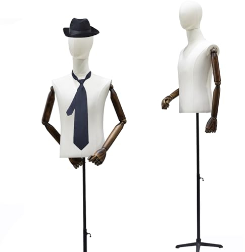 Male Mannequin Torso with Head, Dress Form Male 53~76 Height Adjustable Body with Tripod Metal Stand, Sewing Mens Mannequin with Detachable Flexible Solid Wood for Store Display (Retro Black)
