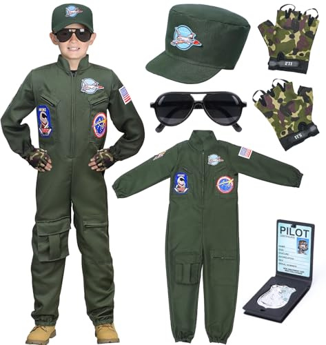 Tacobear Disfraz Piloto para Niños Mono de Piloto con Gorro Guantes Gafas de Sol Traje Aviador Disfraz Militar Niño Disfraces Carnaval Halloween Cosplay (120, 4-5 Años)