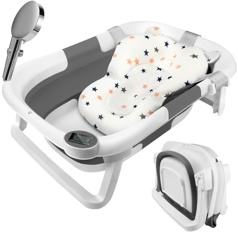 Baby Badewanne zusammenklappbare Babywanne Faltbare Neugeborenen für Neugeborene bis Kleinkinder mit rutschfester Matte und Abflussloch für Babys 0-6 Jahre Grau