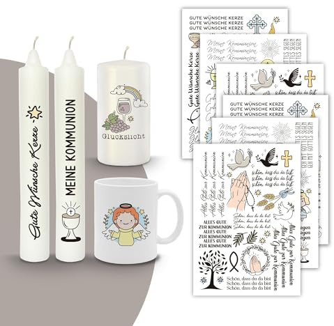 MilaBoo® Kerzentattoos 6x A5 I DIY Aufkleber für besondere Anlässe einfache Anwendung I Wasserschiebefolie für Kerzen I Premium Kerzenaufkleber (Kommunion-A5)