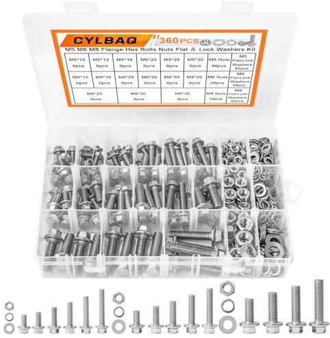 CYLBAQ 360PCS Flanged Bolts and Nuts Kit, M5 M6 M8 Stainless Steel 304 Metric Flanged Hex Screws Nuts, Heavy Duty Flange Hexagon Nut and Bolt Washer Assortment Kit Set