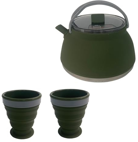Fenteer 1,5 l Camping-Wasserkocher mit 2 Tassen Set Kochtopf Faltbares Kochgeschirr Praktische Teekanne Kaffeekanne Reisewasserkocher für Wandern Trekking, dunkelgrün