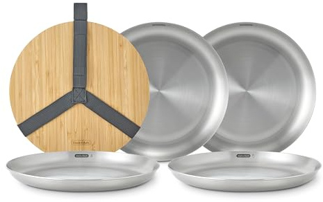 BLACK + BLUM - Juego de 4 platos de picnic de acero inoxidable con tapa de tabla de cortar de bambú y correa de transporte