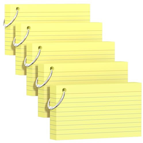 250 Count Index Cards 3x5 Inch with Key Ring, Yellow Color Flash Index Card (50 Sheets Each), Durable & Portable Note Taking for Students, Teachers, Study Note Cards for Office, Home School
