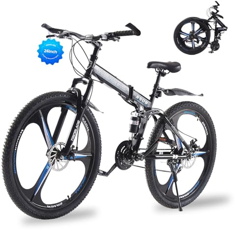 TRIOBLADE 24'' 26'' 27.5'' Folding Mountain Bike 21-Speed Foldable Mountain Bicycle with Dual Disc Brakes 3 Spoke Wheels Mountain Bikes,Dual Suspension Design for Adult Men Women (Black&Blue, 24inch)