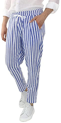 Generisch Pantalones de chándal para hombre, pantalones de algodón a rayas para hombre, transpirables, informales, holgados, cintura de lino, pantalones para hombre, azul oscuro, XL