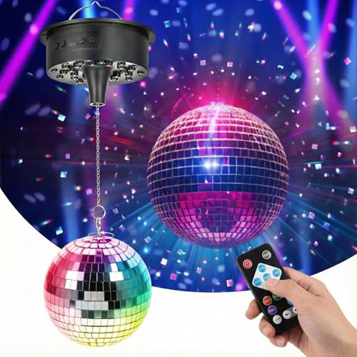 Tomshine Boule à Facettes Disco avec Moteur et Lumière 18cm - Boule Disco Rotative 30 LED RGB, Télécommande & Commande Musicale, Lampe Disco à Piles/USB pour Soirée Anniversaire Enfant Bar