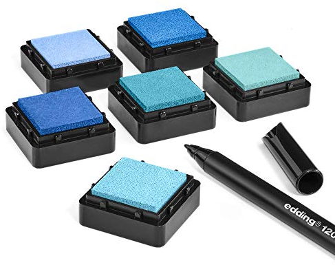 KATINGA Stempelkissen (6er Set) mit Stift für Fingerabdrücke, zum Basteln und zum kreativen Gestalten (6er BLAU)