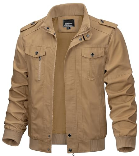 TACVASEN Men's Military Lightweight Jacket Army Cargo Windbreaker Zip Front Stand Collar Cotton Jackets with Multi Pockets Khaki XL