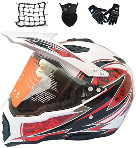 Casco Motocross con Visiera, Casco Cross Adulto Casco Enduro Integrale Moto MTB Off-Road ATV Scooter Downhill Sport con Guanti/ Face Mask/ Rete Elastica, Bianco e Rosso,XXL