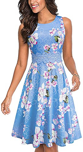 HOMEYEE Dam, vintage, rund hals, ärmlös, blommigt broderad, knälång cocktailklänning UKA079, Ljusblå, S