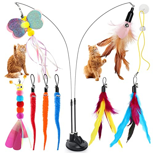 Bigqin Cat Feather Toys 12 Pcs Interactive Cat Toys, 8 Toys with Bells, 2 Cat Teaser Wand,1 Dual Head Removable Super Suction Cup, 1 Sticky Door Lanyard, Funny Kitten Training Toys Indoor Outdoor