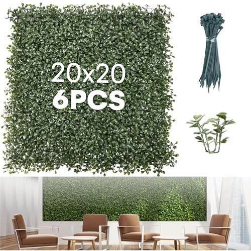 Grass Wall Panels 20″ × 20″ (6 Pack) – UV-Protected Artificial Boxwood Hedge Greenery Backdrop Covers 16.66 sq ft, Indoor/Outdoor Privacy Fence Screen, Zip Ties & Spare Leaves Included