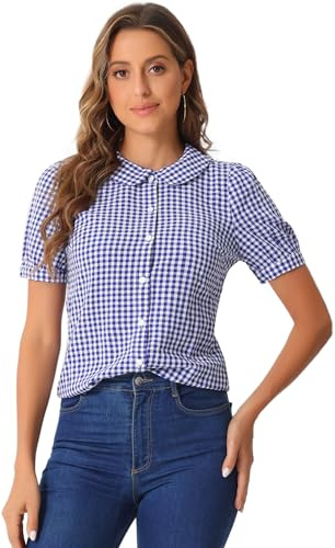 Allegra K Chemisier à Carreaux pour Femme à Manches Courtes et col Claudine Bleu XL