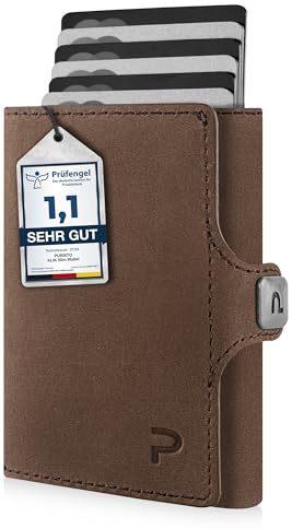PURISTO KLIK Classic Slim Wallet mit Münzfach - Mini-Geldbörse für Herren aus Echtleder - Kleines Kartenetui mit RFID-Schutz für 10-14 Karten - Braun Vintage