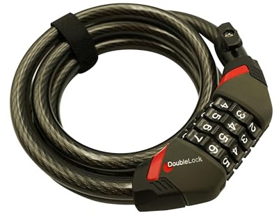 DoubleLock Bobcat Coiled Combination Cable Lock – 6ft x 12mm Thick Compact 4-Digit Resettable Lock for Bikes, E-Bikes, Scooters, Strollers, and Gear.